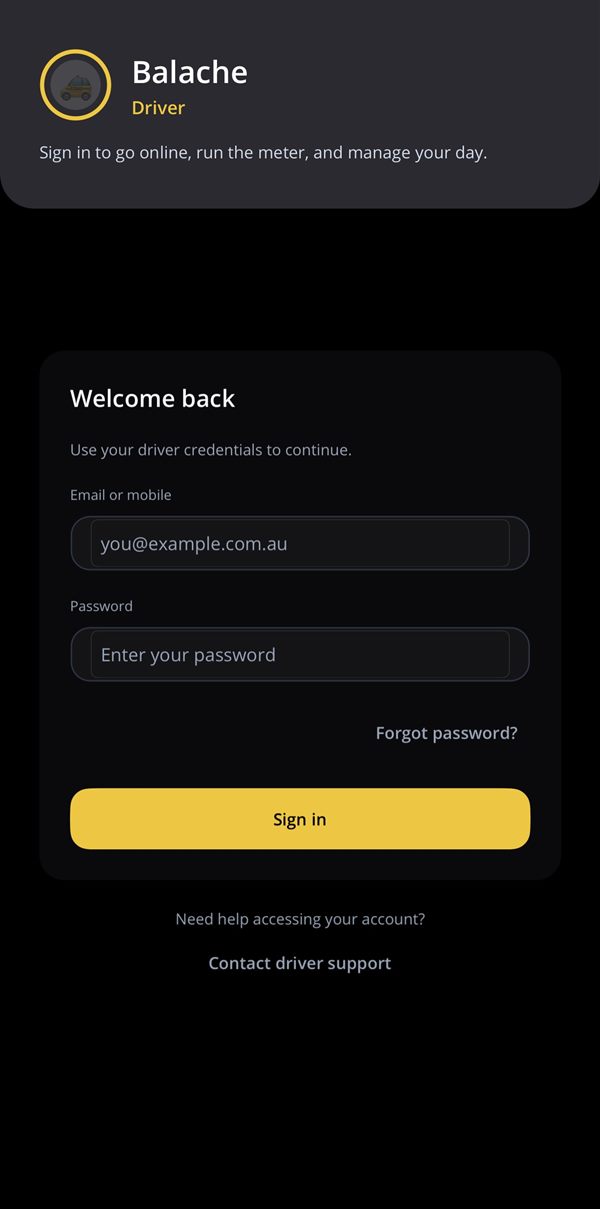 Balache Driver App: sign in