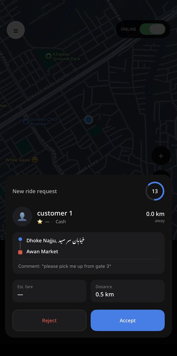 Balache Driver App: incoming ride request