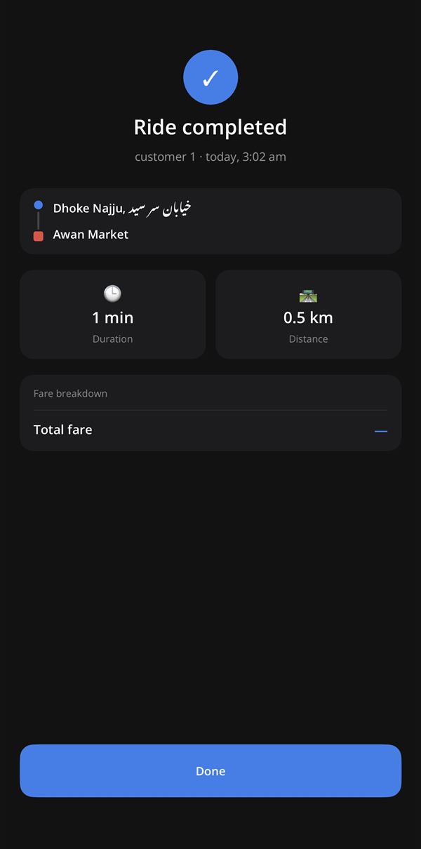 Balache Driver App: ride completed summary